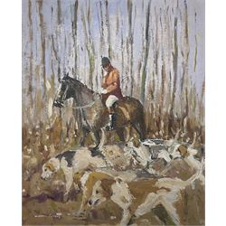 William Norman Gaunt (British 1918-2001): Huntsman with two Beagles in Woodland, oil on board signed 61cm x 50cm