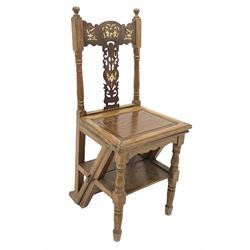 Chinese design hardwood metamorphic chair, carved and inlaid, folding to form a three rung step ladder W38cm