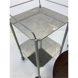 Mid 20th century industrial aluminium and chrome two tier trolley on castors (H92cm) together with another chrome two tier trolley, with folding wood effect trays (H81cm) and a lamp table with aluminium base (D60cm)