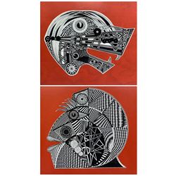 Peter Bennett (British 20th century): 'Brainwashing 1 & 2', pair pen and ink wash drawings laid onto red backing, signed and dated '82, 28cm x 40cm (2)