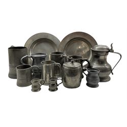 Pair of 18th century pewter plates D25cm, lidded baluster tankard, 19th century pewter mug by Watts and Harton and other mugs, measures etc