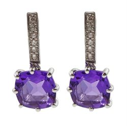 Pair of 18ct white gold square cut amethyst and diamond diamond pendant earrings, stamped 750