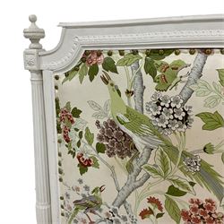 Pair of white painted 3' single headboards, upholstered in floral patterned fabric decorated with birds, fluted upright columns with reed carved balusters, carved with flower heads, on turned and fluted feet
Provenance: From the Estate of the late Dowager Lady St Oswald