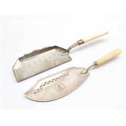 George III silver fish server engraved with a crest London 1801 Maker John Shekleton and an Edwardian silver crumb scoop with engraved decoration and bone handle Sheffield 1904