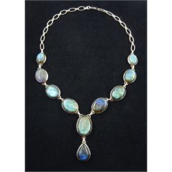 Silver oval and pear shaped cabochon labradorite necklace, stamped 925