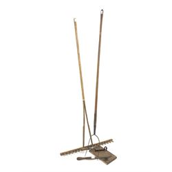 Long ash handled two pronged pitch fork, (L185cm) together with a landscaping rake (L175cm) a daisy picker, and a rustic wrought metal herb chopper with turned handle on a hardwood base 