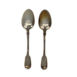 Pair of William IV silver fiddle pattern table spoons engraved with initials London 1835 Maker G R Collis & Co