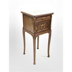 20th century French style walnut bedside table, with inset white variegated marble top over drawer and panelled cupboard with gilt metal mounts, raised on slender shaped cabriole supports W41cm