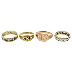 9ct rose gold signet ring, two 9ct stone set eternity ring and a 15ct gold ring, all stamped or hallmarked