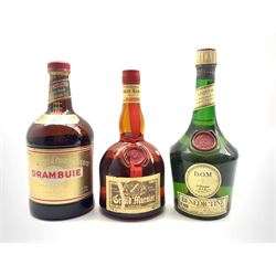 Benedictine D.O.M liqueur 23 3/4 fl oz. 69° proof, Grand Marnier liqueur, 70cl, 40% vol and Drambui Prince Charles Edward's Liqueur 1ltr 40% vol. (3)