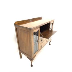 Early 20th century walnut bureau display cabinet, raised back over fall front and two drawers to centre, flanked by two lead glazed doors, raised on cabriole front supports W124cm