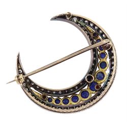 Gold and silver milgrain set synthetic sapphire and old cut diamond crescent brooch