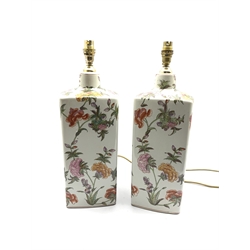 Pair of Oriental style square section table lamps decorated with floral sprays, H46cm overall 