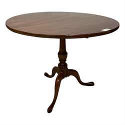 George III mahogany tripod table, circular tilt-top on turned column with three splayed angular supports