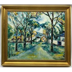 B M O'Connor (British 20th century): Yellow Cottage, oil on board signed together with Mara (British 20th century): Impressionist Lane, oil on canvas signed and an unsigned still life max 50cm x 59cm (3)