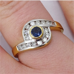 18ct gold diamond and sapphire crossover ring, the bezel set sapphire with 16 channel set diamond surround, hallmarked