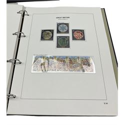 Queen Elizabeth II mint decimal stamps, many in Royal Mail presentation packs, face value of usable postage approximately 235 GBP, housed in two albums and a ring binder folder