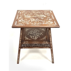  Early 20th century Chinese rosewood bone inlaid two tier centre table with pierced and carved fret work frieze, W62cm  