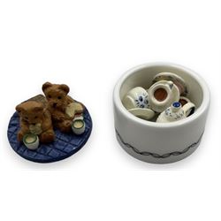 Three Hantel miniature articulated pewter teddy bears and basket, seven similar Warwick Miniatures teddy bears and a Sterling Classic 'Teddy Tea Party' miniature tea set, in the original box