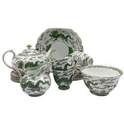New Chelsea tea set decorated with green dragons and cloud forms with gilt, comprising teapot, cups saucers, cake plates etc. (19)