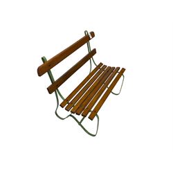 Small garden bench, green painted strapwork metal supports with wooden slats