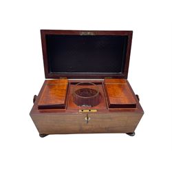 Mid 19th century mahogany sarcophagus shape tea caddy, the interior with two covered containers and bowl recess on compressed bun feet L31cm