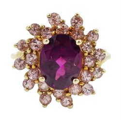 9ct gold rubellite and pink stone set cluster ring, hallmarked