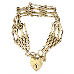 9ct gold fancy gate bar bracelet, with heart locket clasp, hallmarked