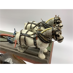 Pair of Beswick grey harnessed shire horses No.818 pulling a single furrow plough and on a wooden base L70cm, a single separate harnessed grey shire horse and two brown shire mares