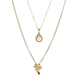 Gold single stone pearl and diamond pendant necklace and a gold sapphire leaf pendant necklace, both hallmarked 9ct