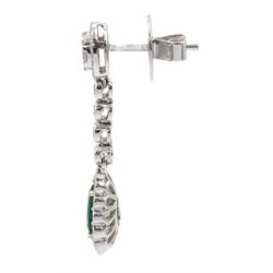 Pair of 18ct white gold pear cut emerald and round brilliant cut diamond pendant stud earrings, total emerald weight 1.55 carat, total diamond weight 1.76 carat, with World Gemological Institute Report