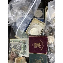 Great British and World coins, including two King George VI Festival of Britain crowns, two Queen Elizabeth II 1953 nine coin sets in blister packs, pre decimal coinage, South African coinage, France, Switzerland, Spain etc, housed in a metal cash box