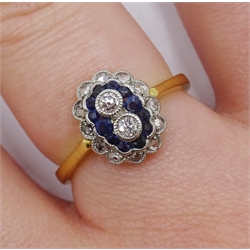 18ct gold milgrain set old cut diamond and sapphire ring, two central diamonds, with a surround of sapphires and diamonds