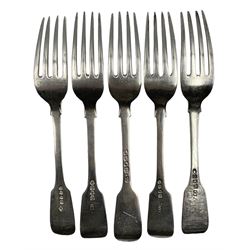 Five 19th century silver fiddle and shell pattern dessert forks, various dates and makers (5)