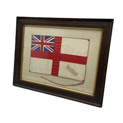 Royal Navy small silk Ensign flag presented to Lena Mitchinson for her work with the Admiralty signed 'Beresford' framed 20cm x 29cm.  
Admiral the Lord Charles Beresford  (1846 -1919) was a British Admiral and Member of Parliament.