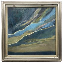Irene Brown (British 20th century): Abstract Northern Lights Sky Line, oil on canvas signed 54cm x 54cm