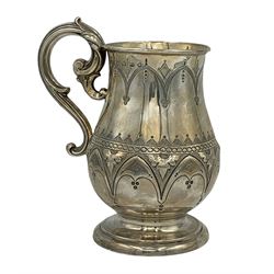 Victorian silver baluster mug with scroll handle and geometric decoration H15cm Birmingham 1874 Maker Brookes and Crookes