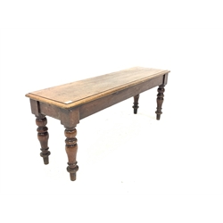 Victorian mahogany window seat, moulded rectangular top raised on turned supports, W120cm