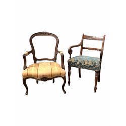 Regency mahogany elbow chair, with turned bar back, scrolled arm rests, upholstered seat and turned front supports (W57cm) together with an early 19th century French style fauteuil chair (W64cm)