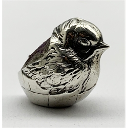 Edwardian silver novelty pin cushion in the form of a hatching chick H2.5cm Chester 1906 Maker Sampson Mordan & Co