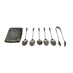 Engraved silver cigarette case Birmingham 1921 and five 'Apostle' teaspoons with matching tongs 3.6oz