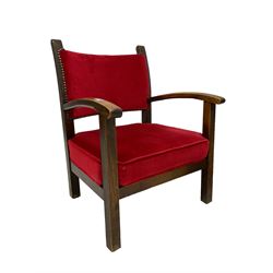 Oak framed bedroom chair, canework back with crimson upholstered seat; another childs or bedroom chair and a folding oak table (3)