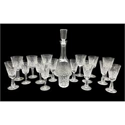Waterford Lismore pattern decanter, six matching wine glasses, eight smaller wine glasses with slightly different stems and three other Lismore glasses