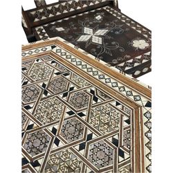 Turkish hexagonal tilt top table with mother of pearl inlay geometric design ( W47cm, H57cm), together with a fruitwood folding chair with mother of pearl inlay