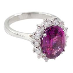 18ct white gold oval pink sapphire and diamond cluster ring, pink sapphire approx 3.30 carat, total diamond weight approx 0.50 carat