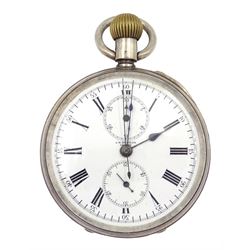Early 20th century silver open face keyless lever chronograph pocket watch, movement signed H. F. Seale, Cape Town chronograph operated by pendant, white enamel dial with Roman hours and outer Arabic minute ring, subsidiary seconds and 30 minute recording dial by J. W. Benson, London, inner dust cover inscribed, 'W H W Young, 5th Fusiliers', case with Swiss hallmarks