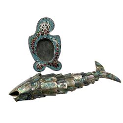 20th century micro mosaic picture frame with floral decoration H11cm together with abalone shell fish reticulated bottle opener H20cm