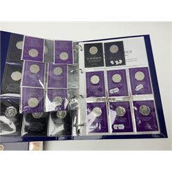 Queen Elizabeth II United Kingdom fifty pence, two pound and five pound commemorative coins mostly housed on Change Checker cards, various old round one pound coins, Isle of Man and Bailiwick of Guernsey commemorative fifty pence pieces commemorating Royal events etc, in three ring binder folders