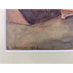 K. Schröder (German, 20th century): Interior scene of cottage with dresser, watercolour signed and dated 1922, 30cm x 24cm