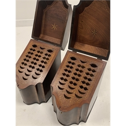 Pair of Georgian mahogany knife boxes of serpentine fronted form, having rosewood banding and chequered inlay, the hinged lid lifting to reveal more chequered stringing, inlaid nautical star and shaped divisions, W23cm